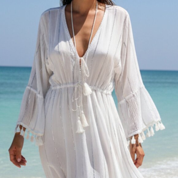 NWT $185 ASHLEY TAYLOR white silver boho dress ONESIZE - Picture 1 of 9